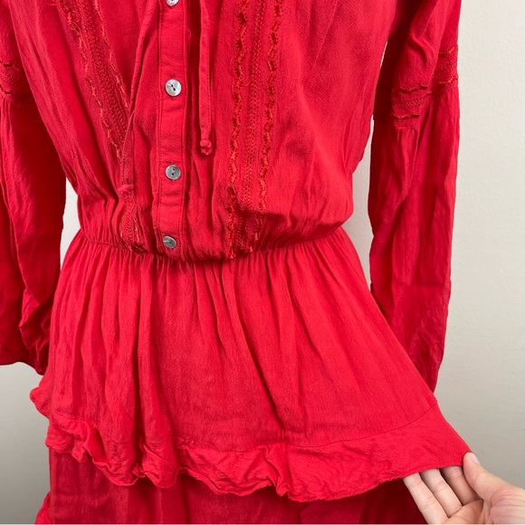 Sunday In Brooklyn Anthropologie Solid Red Ruffle Boho Dress Women Size Medium - Picture 7 of 8